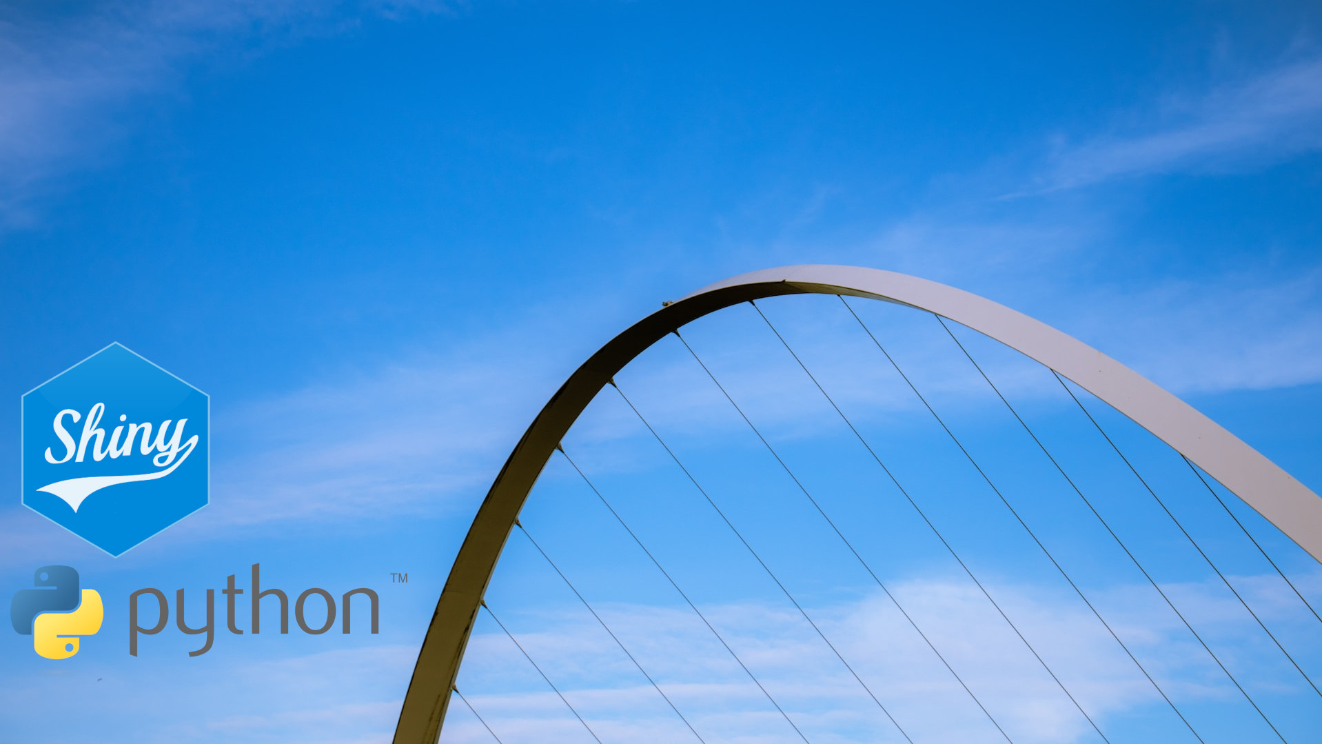 Stock photo image of the top section of the Newcastle footbridge against blue sky, with logos for both Shiny and Python